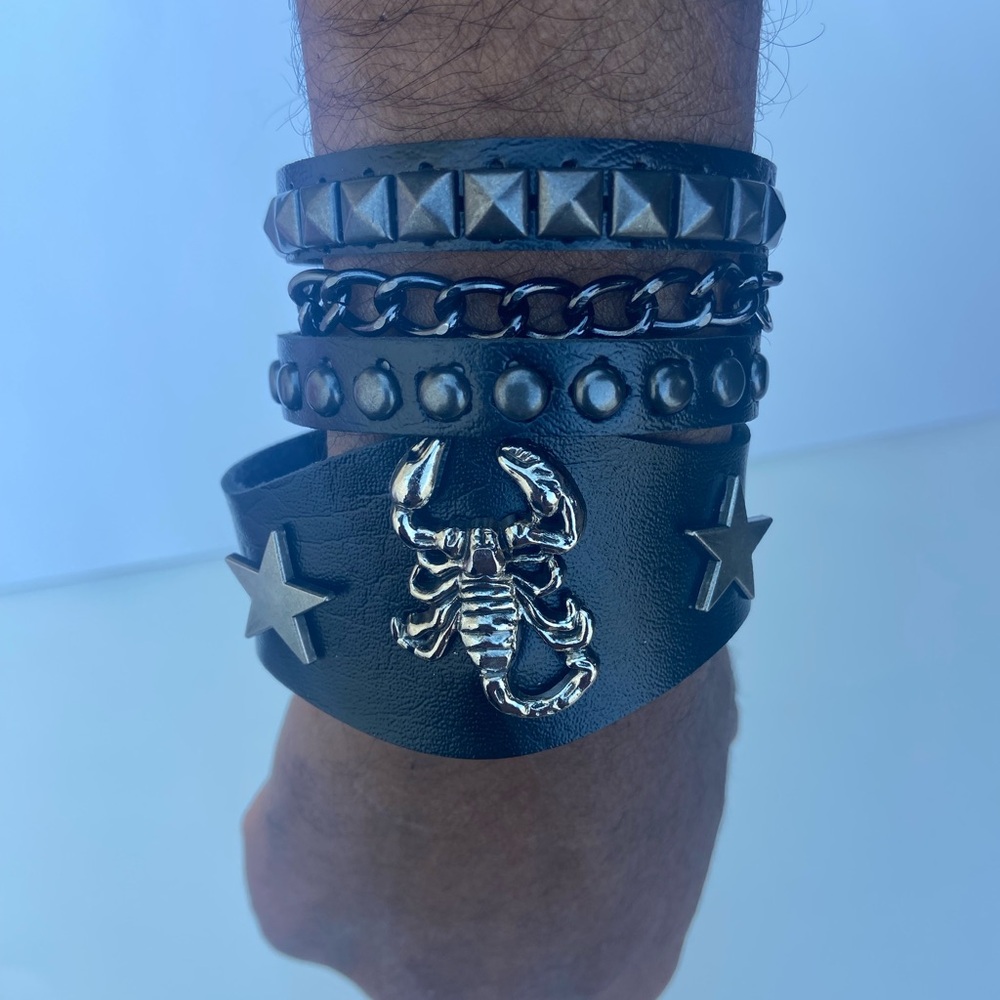 2 PCs set -  1 Silver Scorpion bracelet + 1 Punk Grunge  black Chain bracelet